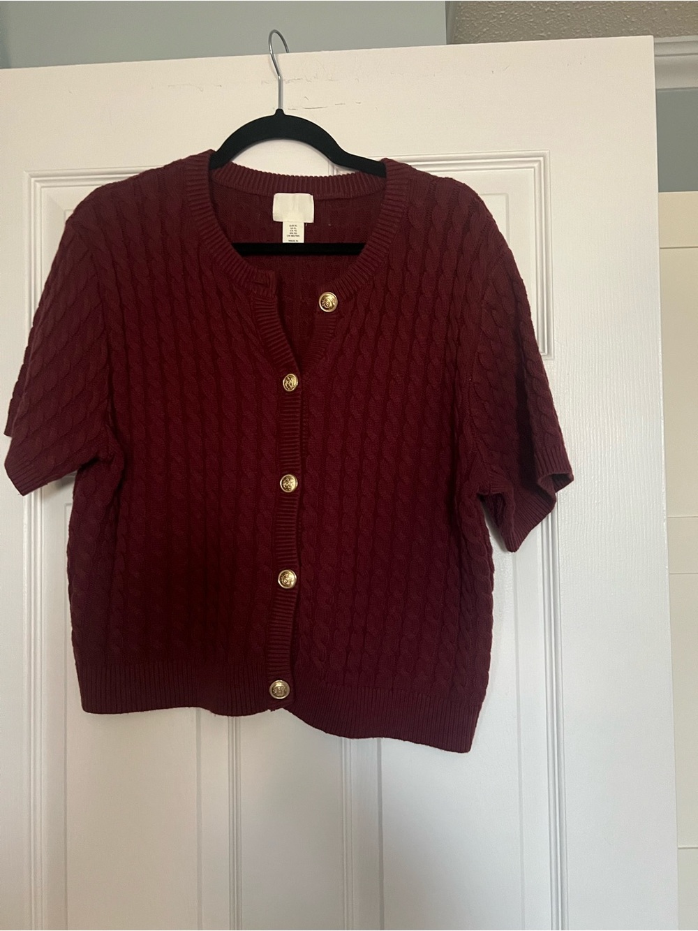 H&M Burgundy Cable-Knit Short Sleeve Cardigan with Gold Buttons